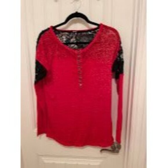 Buffalo David Bitton‎ Red & Black Lace Long Sleeve Top women’s sz Lg Bat My Lids - Picture 1 of 13